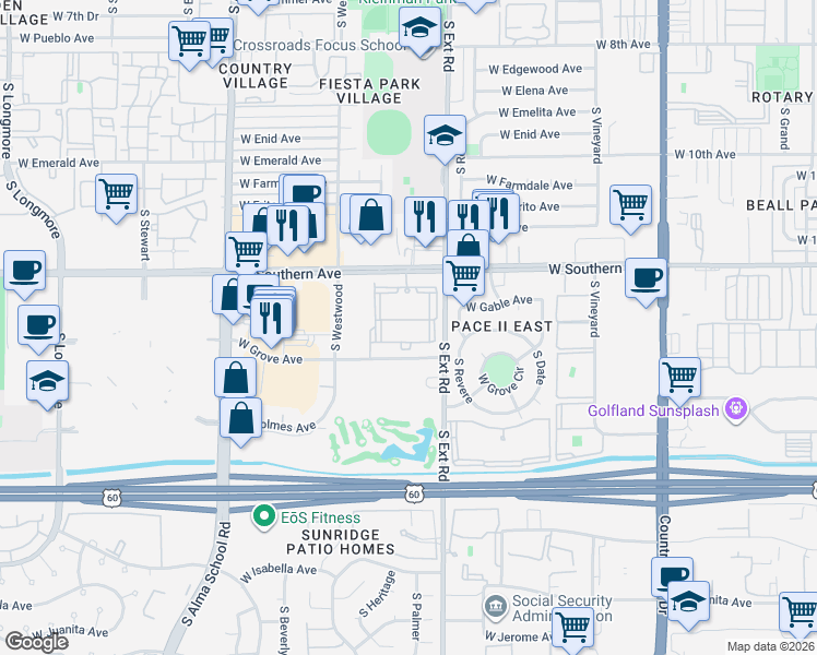 map of restaurants, bars, coffee shops, grocery stores, and more near 855 West Southern Avenue in Mesa
