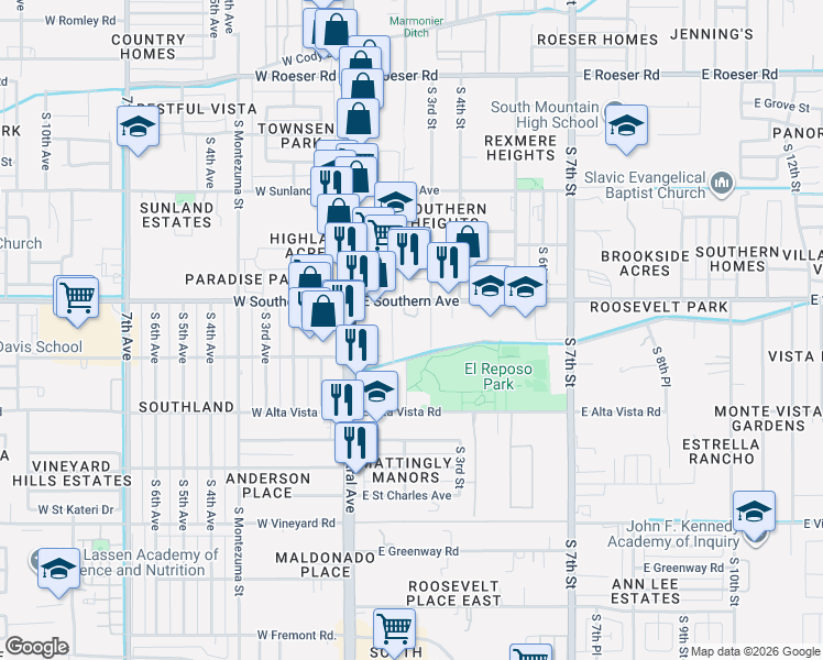 map of restaurants, bars, coffee shops, grocery stores, and more near 6021 South 1st Street in Phoenix
