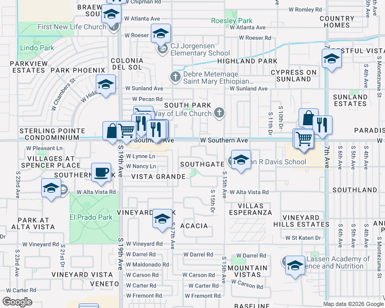 map of restaurants, bars, coffee shops, grocery stores, and more near 6012 South 16th Lane in Phoenix