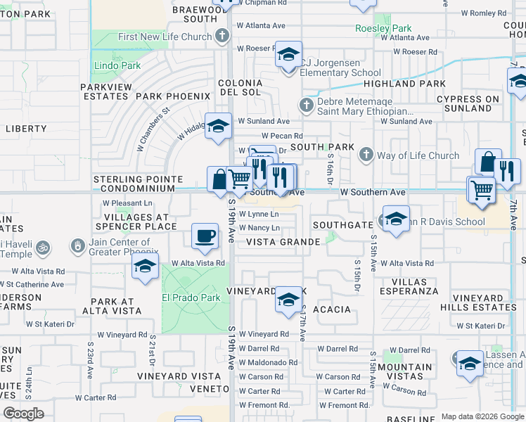 map of restaurants, bars, coffee shops, grocery stores, and more near 1862 West Lynne Avenue in Phoenix