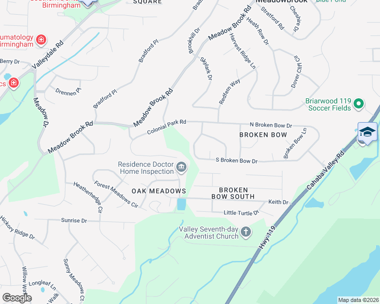 map of restaurants, bars, coffee shops, grocery stores, and more near 5124 South Broken Bow Drive in Birmingham
