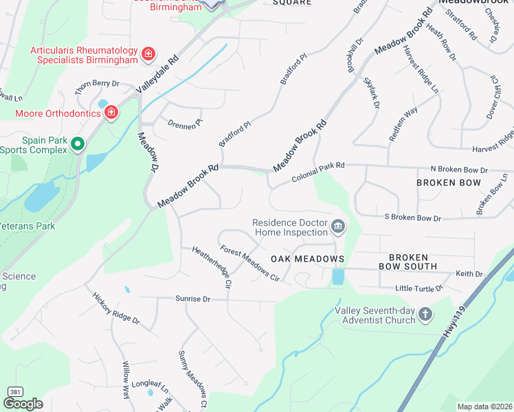 map of restaurants, bars, coffee shops, grocery stores, and more near 5144 Colonial Park Road in Birmingham