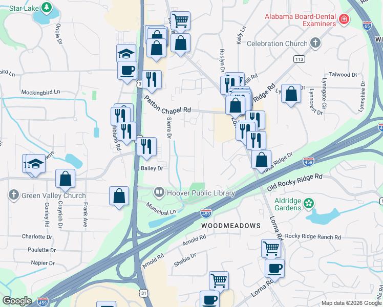 map of restaurants, bars, coffee shops, grocery stores, and more near 2036 Weeping Willow Lane in Birmingham