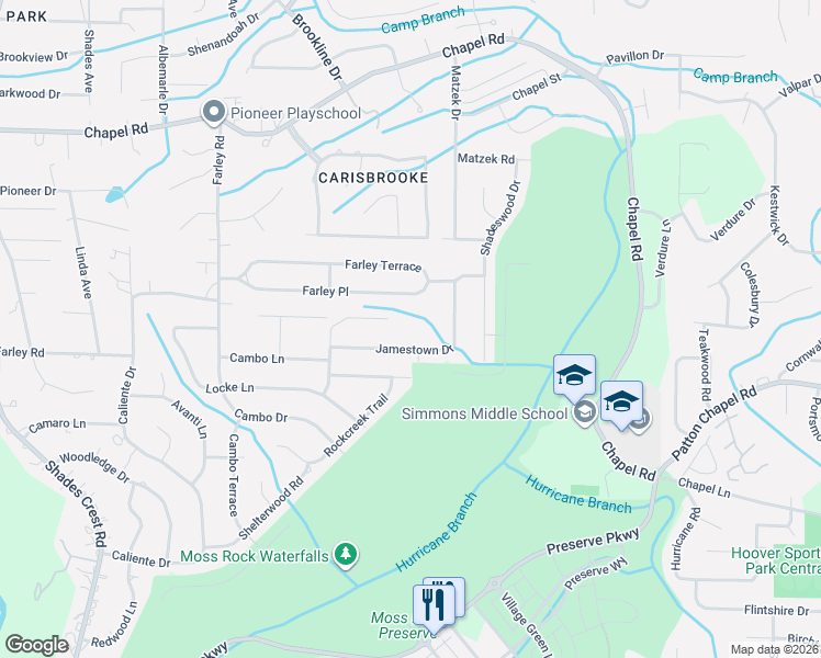 map of restaurants, bars, coffee shops, grocery stores, and more near 421 Cambo Lane in Birmingham
