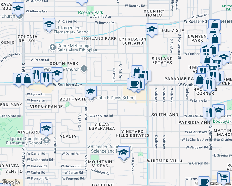 map of restaurants, bars, coffee shops, grocery stores, and more near 1108 West Pleasant Lane in Phoenix