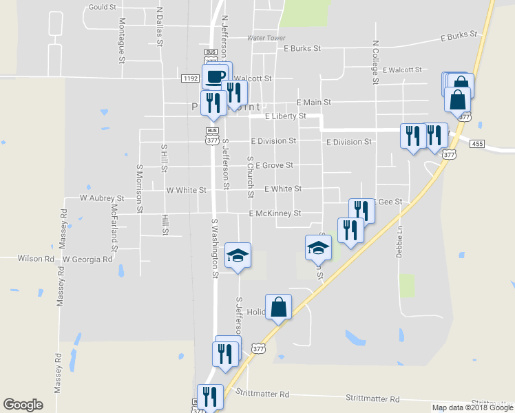 map of restaurants, bars, coffee shops, grocery stores, and more near 517 South Church Street in Pilot Point