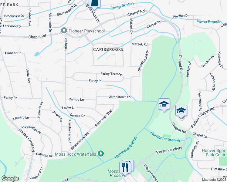 map of restaurants, bars, coffee shops, grocery stores, and more near 409 Cambo Lane in Birmingham