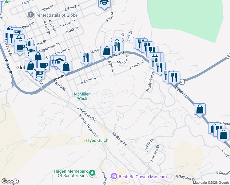 map of restaurants, bars, coffee shops, grocery stores, and more near 501 East Courtney Lane in Globe