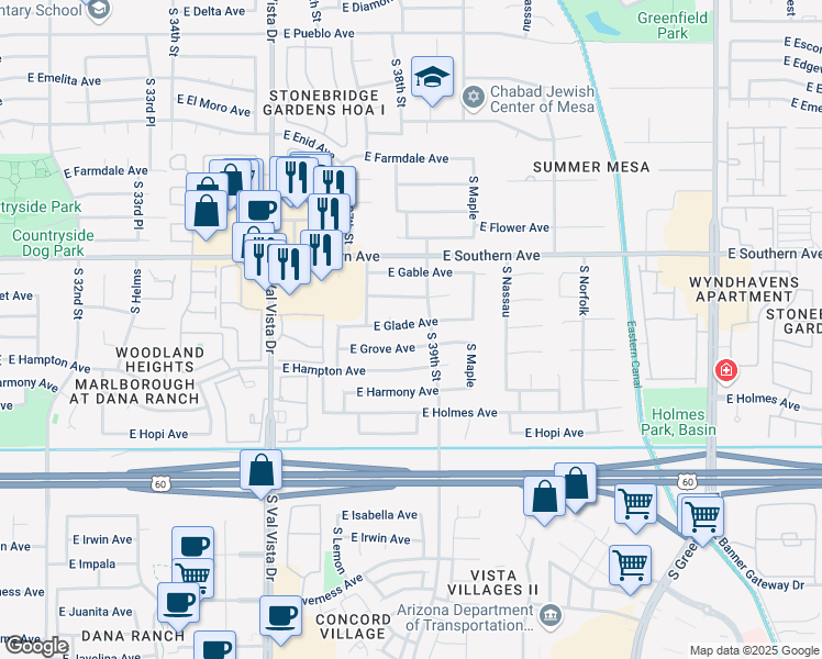 map of restaurants, bars, coffee shops, grocery stores, and more near 3845 East Glade Avenue in Mesa