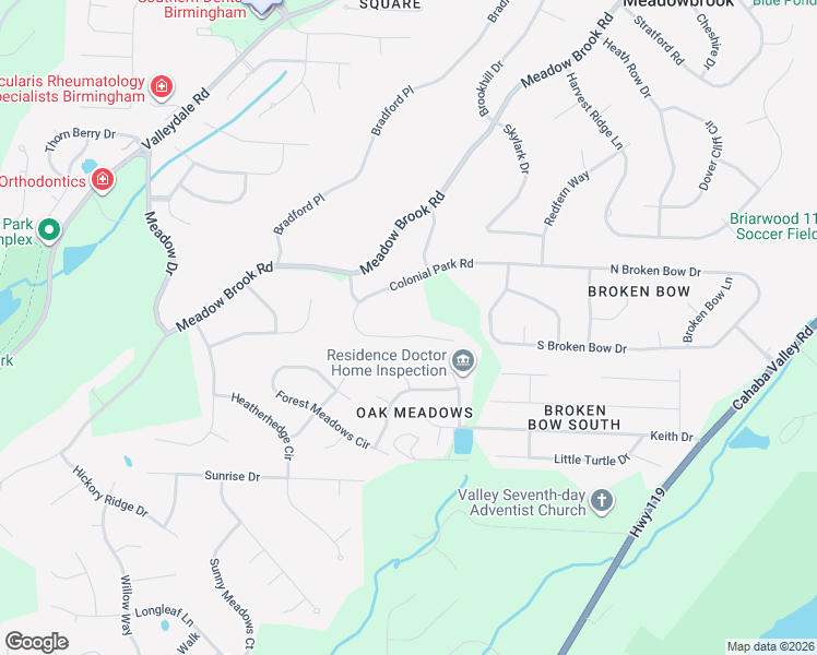 map of restaurants, bars, coffee shops, grocery stores, and more near 5163 Colonial Park Road in Birmingham
