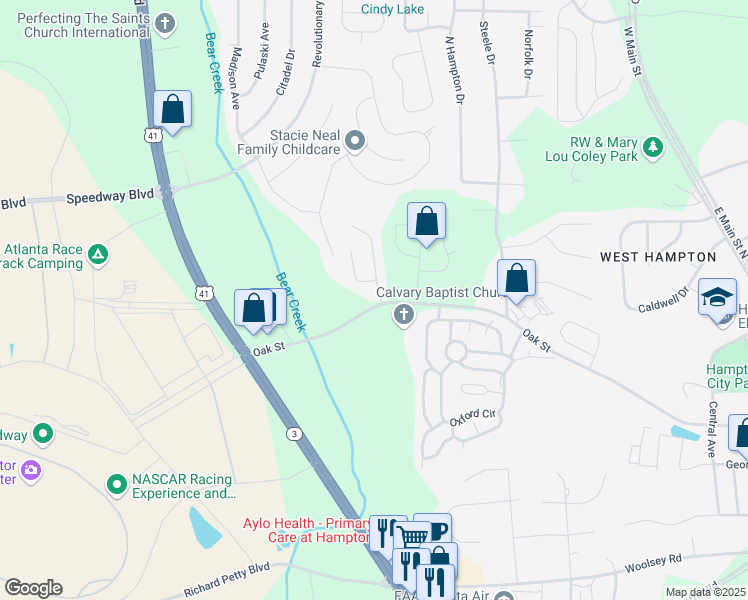 map of restaurants, bars, coffee shops, grocery stores, and more near 1101 Oak Hollow Lane in Hampton