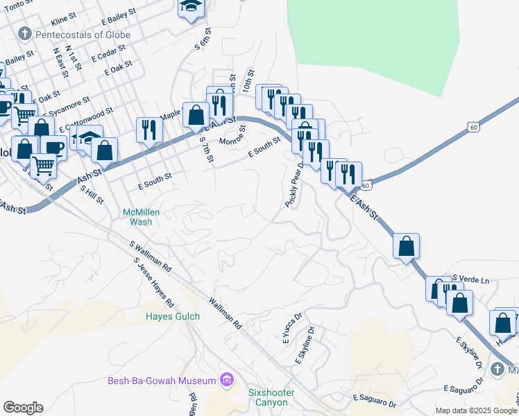 map of restaurants, bars, coffee shops, grocery stores, and more near 683 South Agave Drive in Globe