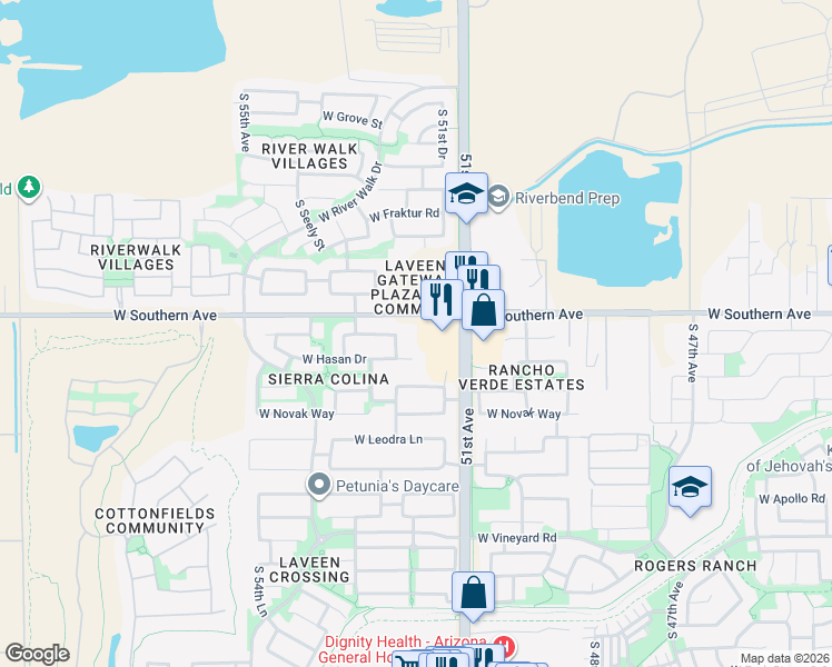 map of restaurants, bars, coffee shops, grocery stores, and more near 5135 West Southern Avenue in Phoenix