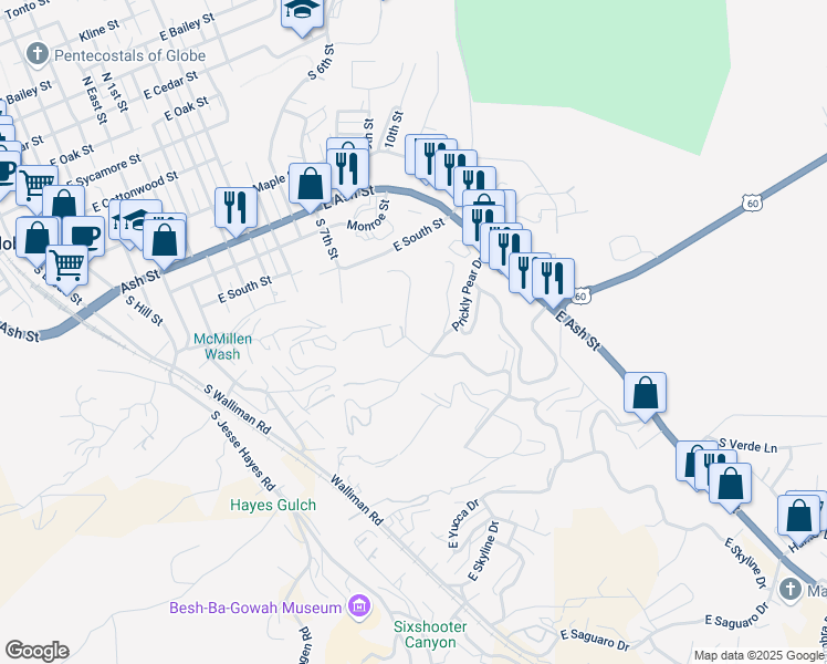 map of restaurants, bars, coffee shops, grocery stores, and more near 683 South Agave Drive in Globe