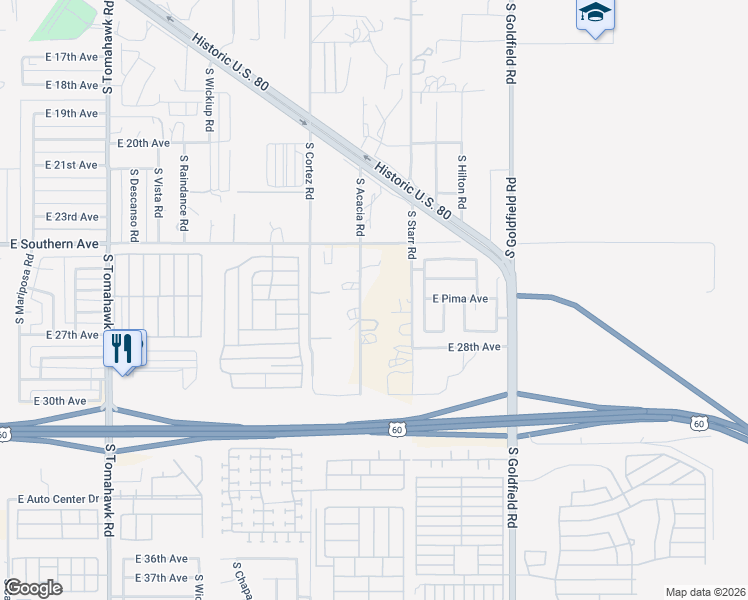 map of restaurants, bars, coffee shops, grocery stores, and more near 2571 South Acacia Road in Apache Junction