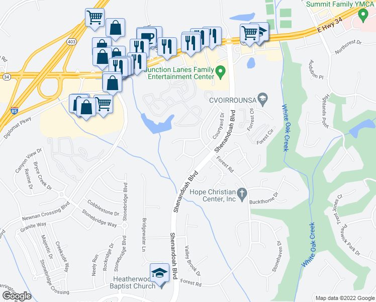 map of restaurants, bars, coffee shops, grocery stores, and more near 6 Silverwood Drive in Newnan
