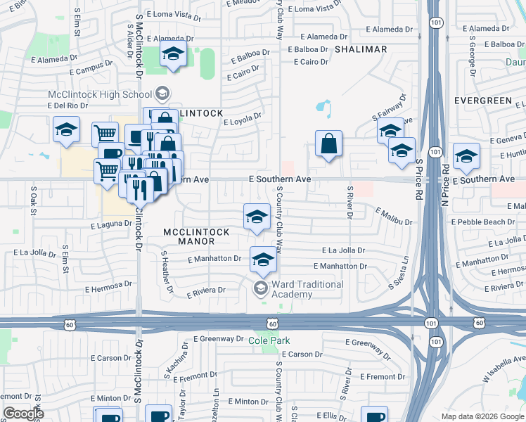 map of restaurants, bars, coffee shops, grocery stores, and more near 1976 East Laguna Drive in Tempe