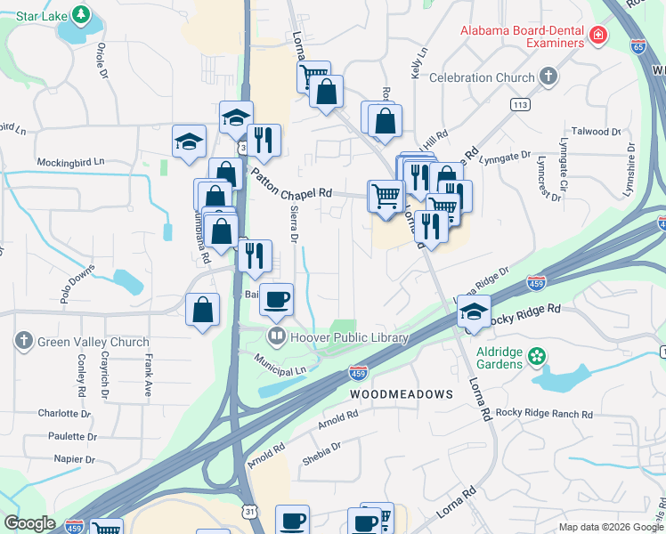 map of restaurants, bars, coffee shops, grocery stores, and more near 2036 Weeping Willow Ln in Birmingham