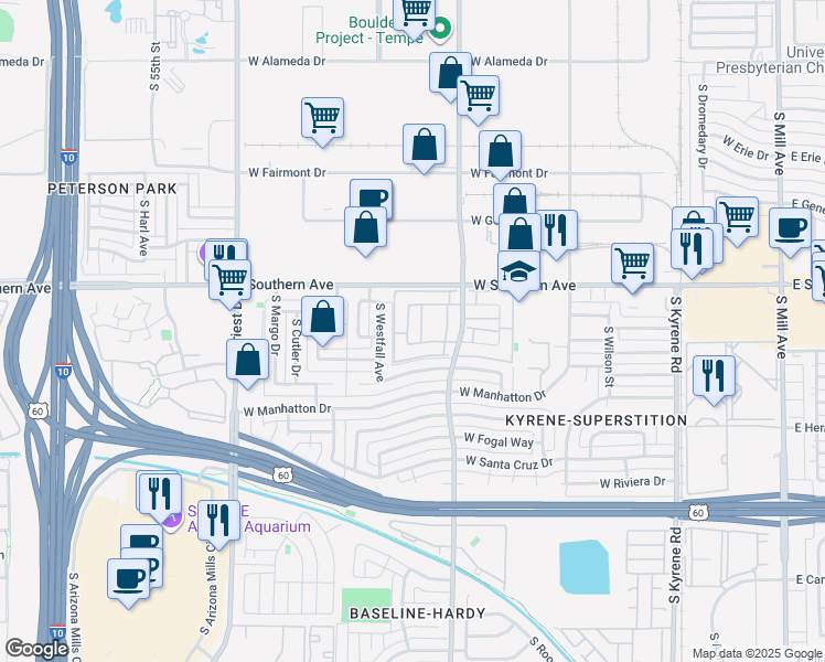 map of restaurants, bars, coffee shops, grocery stores, and more near 3331 South Parkside Drive in Tempe