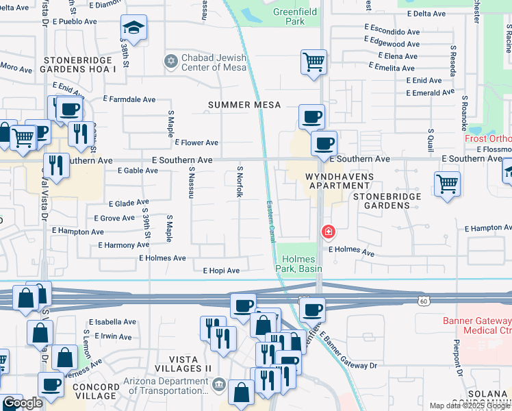map of restaurants, bars, coffee shops, grocery stores, and more near 4143 East Glade Circle in Mesa