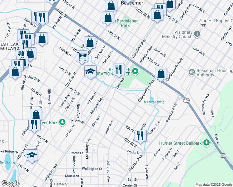 map of restaurants, bars, coffee shops, grocery stores, and more near 104 11th St S in Bessemer