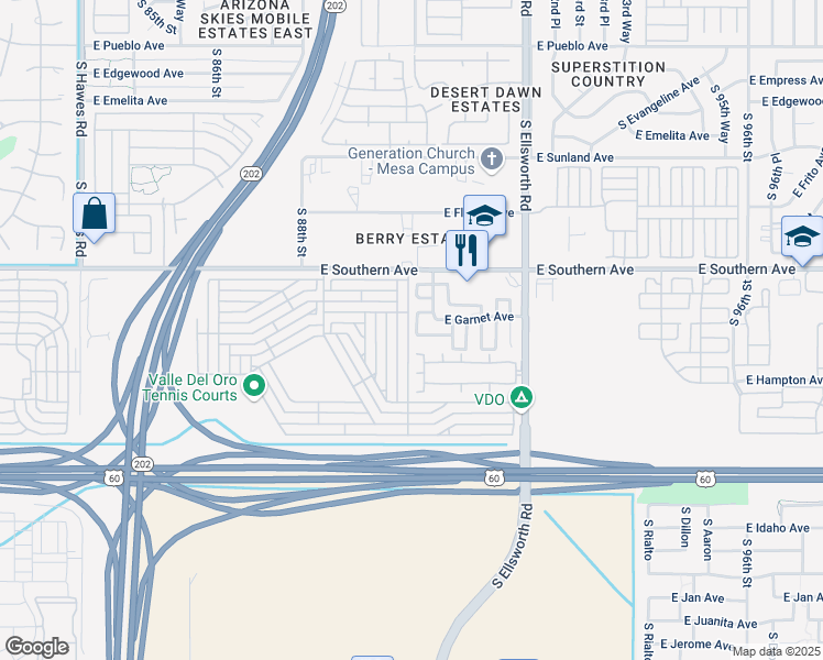 map of restaurants, bars, coffee shops, grocery stores, and more near 1452 South Ellsworth Road in Mesa