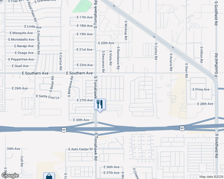 map of restaurants, bars, coffee shops, grocery stores, and more near 2605 South Tomahawk Road in Apache Junction