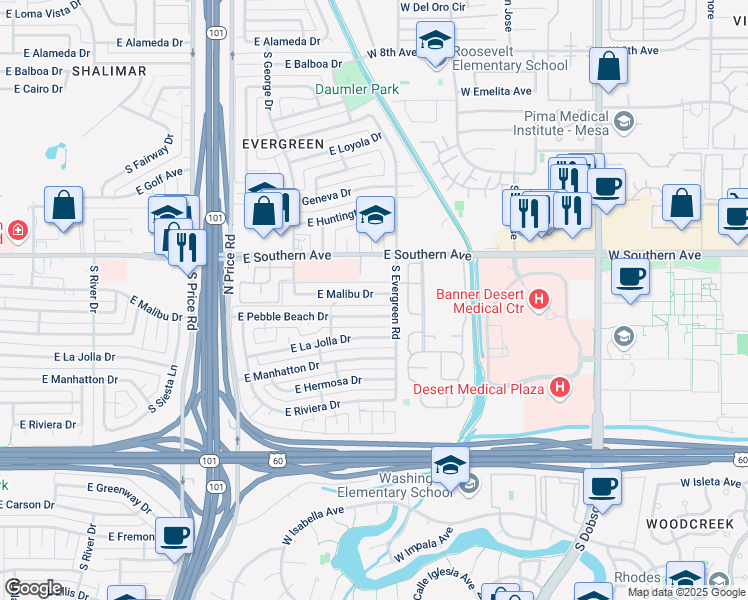 map of restaurants, bars, coffee shops, grocery stores, and more near 2555 East Malibu Drive in Tempe