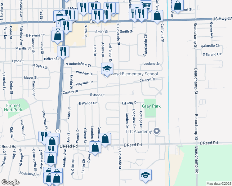 map of restaurants, bars, coffee shops, grocery stores, and more near 1348 E John St in Greenville