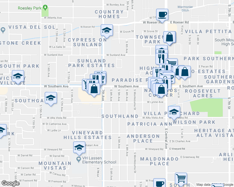 map of restaurants, bars, coffee shops, grocery stores, and more near 6020 South 5th Avenue in Phoenix