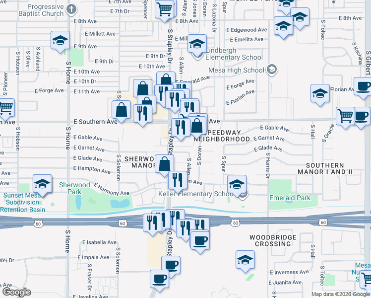 map of restaurants, bars, coffee shops, grocery stores, and more near 1246 East Glade Avenue in Mesa