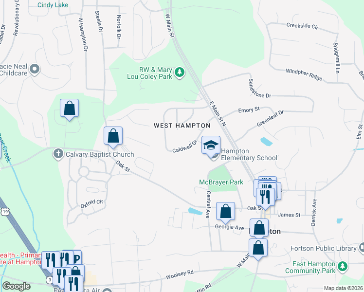 map of restaurants, bars, coffee shops, grocery stores, and more near 146 Caldwell Drive in Hampton