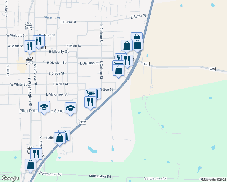 map of restaurants, bars, coffee shops, grocery stores, and more near 600 U.S. 377 in Pilot Point