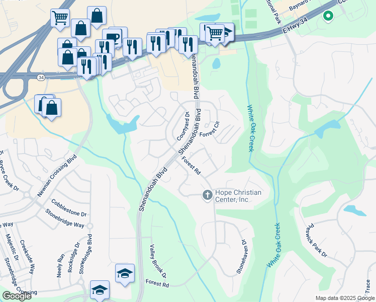 map of restaurants, bars, coffee shops, grocery stores, and more near 6 Camphor Drive in Newnan