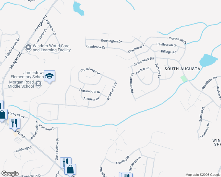map of restaurants, bars, coffee shops, grocery stores, and more near 3634 Woodcock Drive in Hephzibah