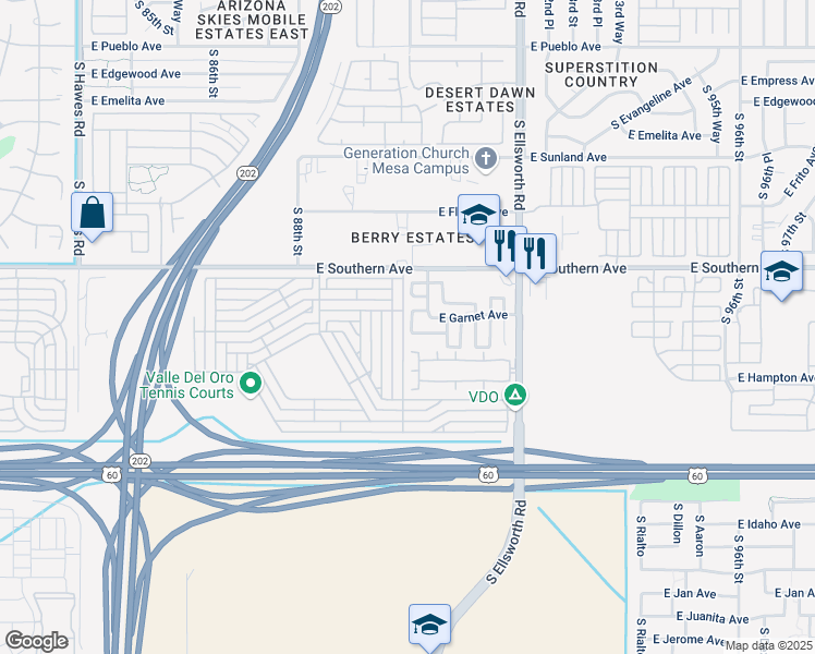 map of restaurants, bars, coffee shops, grocery stores, and more near 1452 South Ellsworth Road in Mesa