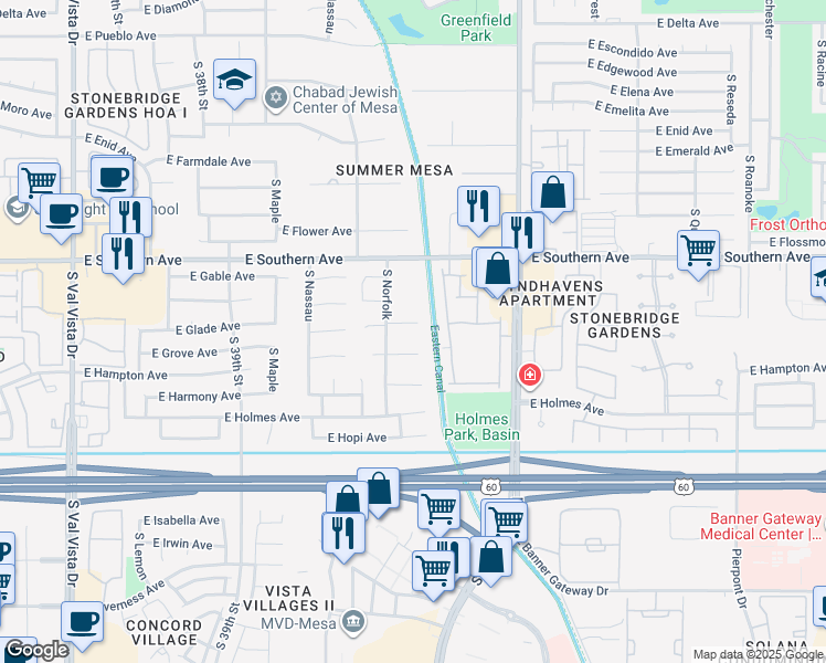 map of restaurants, bars, coffee shops, grocery stores, and more near 4143 East Glade Circle in Mesa
