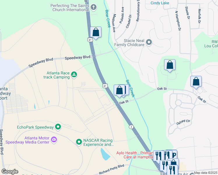 map of restaurants, bars, coffee shops, grocery stores, and more near Bear Creek Boulevard in Hampton