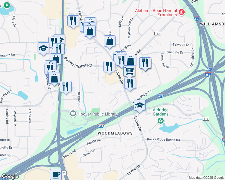 map of restaurants, bars, coffee shops, grocery stores, and more near 3400 Treeline Court in Hoover