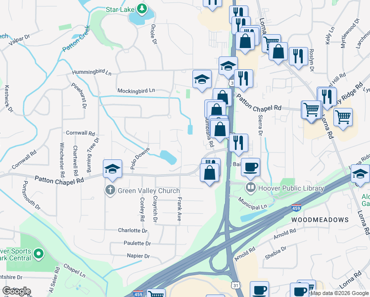 map of restaurants, bars, coffee shops, grocery stores, and more near 1872 Patton Chapel Road in Hoover