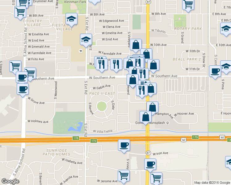 map of restaurants, bars, coffee shops, grocery stores, and more near 1301 S Date in Mesa