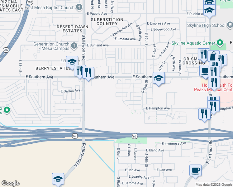 map of restaurants, bars, coffee shops, grocery stores, and more near 9355 East Southern Avenue in Mesa