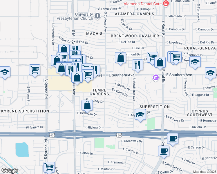 map of restaurants, bars, coffee shops, grocery stores, and more near 314 East Laguna Drive in Tempe