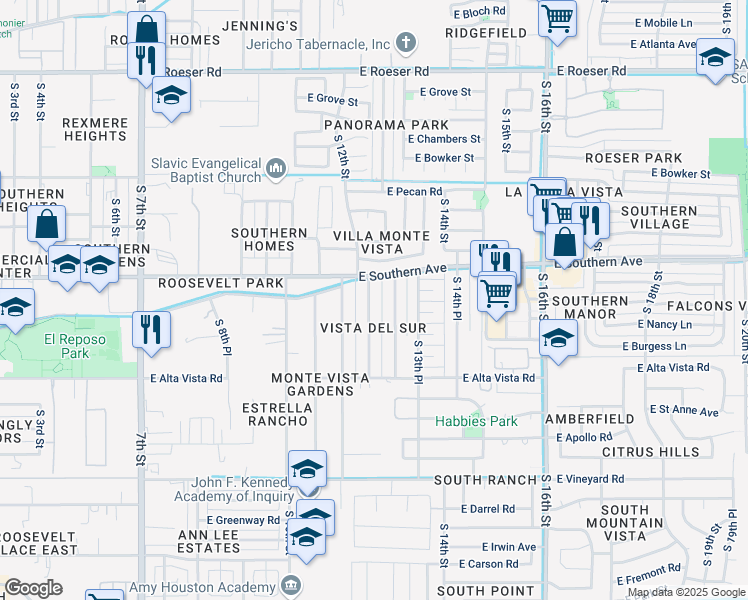 map of restaurants, bars, coffee shops, grocery stores, and more near 6023 South 12th Place in Phoenix