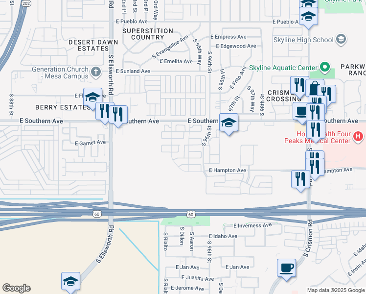 map of restaurants, bars, coffee shops, grocery stores, and more near 1330 South Aaron in Mesa