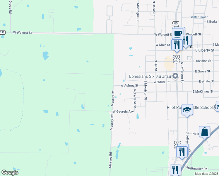 map of restaurants, bars, coffee shops, grocery stores, and more near 12795 Massey Road in Pilot Point