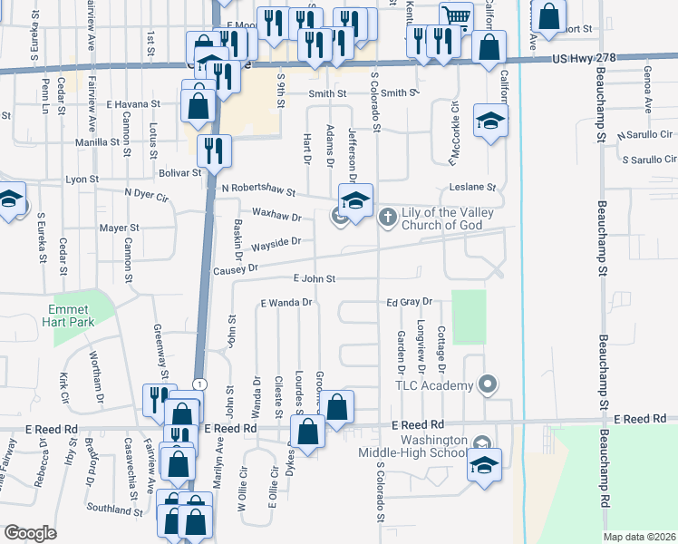 map of restaurants, bars, coffee shops, grocery stores, and more near 1322 East John Street in Greenville