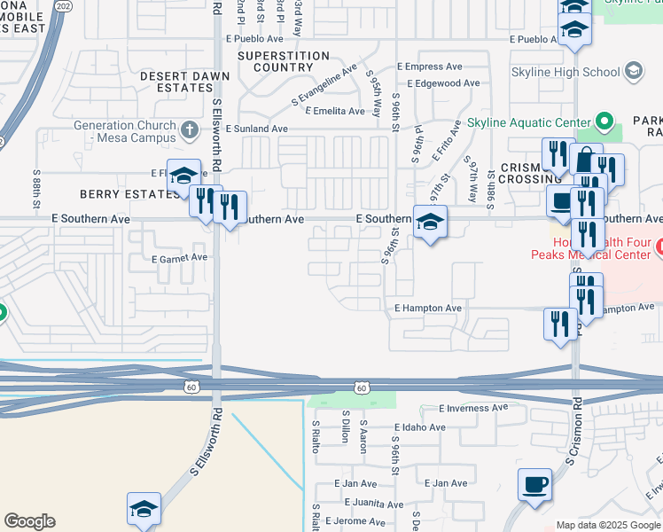 map of restaurants, bars, coffee shops, grocery stores, and more near 96 South Rialto in Mesa