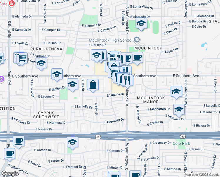 map of restaurants, bars, coffee shops, grocery stores, and more near 10 East Apartment in Tempe