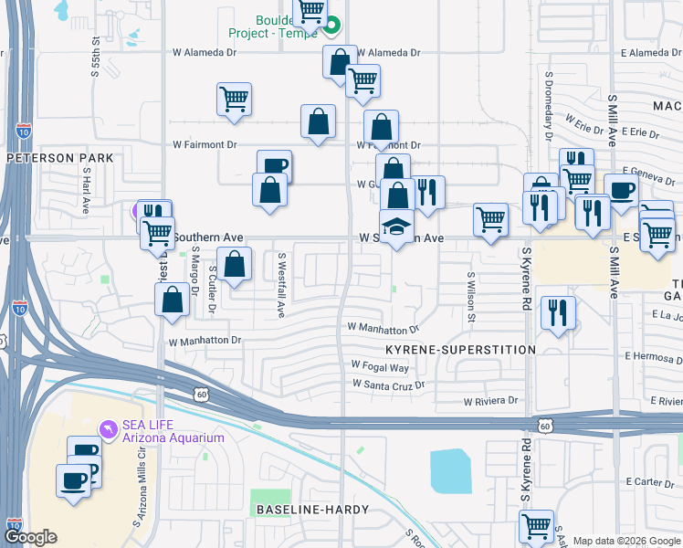 map of restaurants, bars, coffee shops, grocery stores, and more near 3410 South Hardy Drive in Tempe